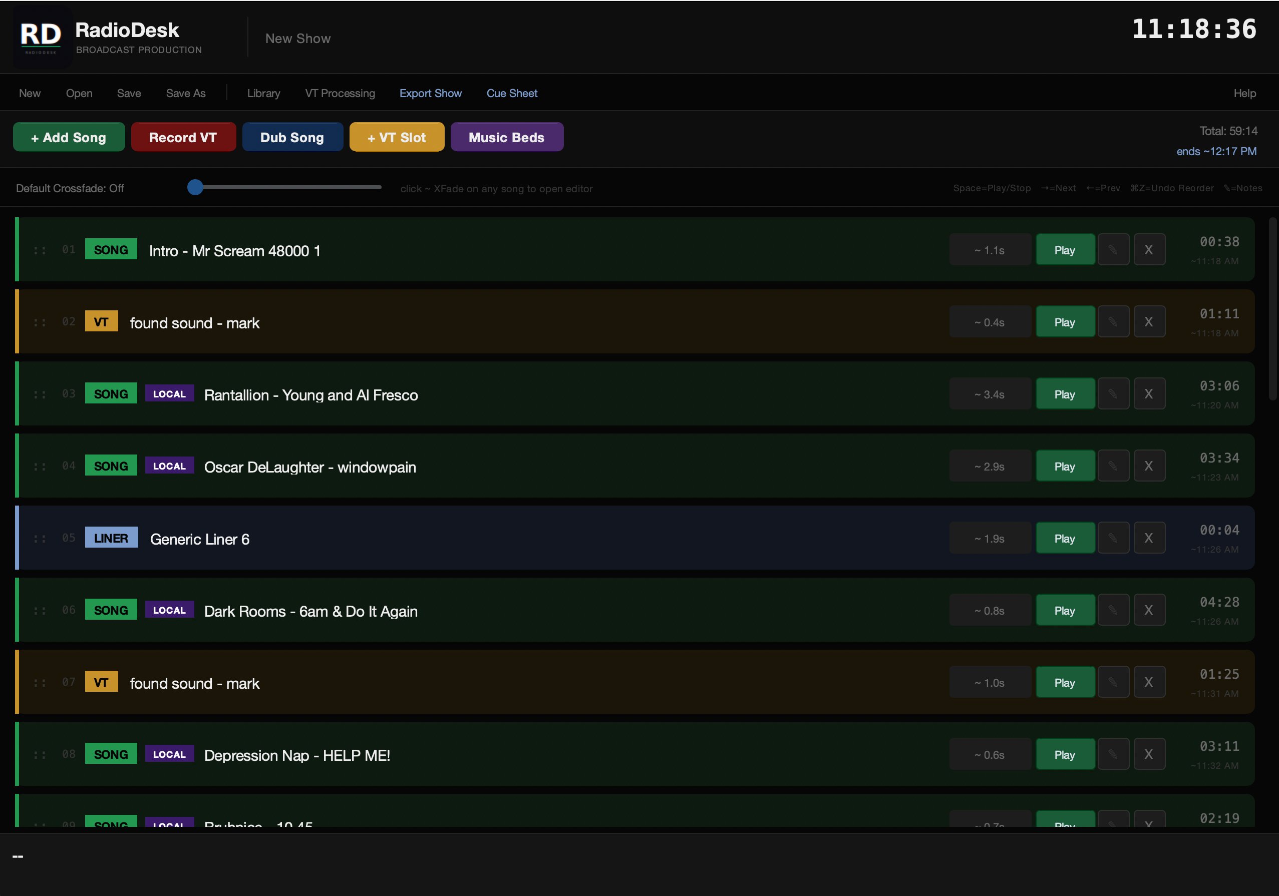 RadioDesk main playlist interface showing color-coded tracks, local artist tags, and live clock